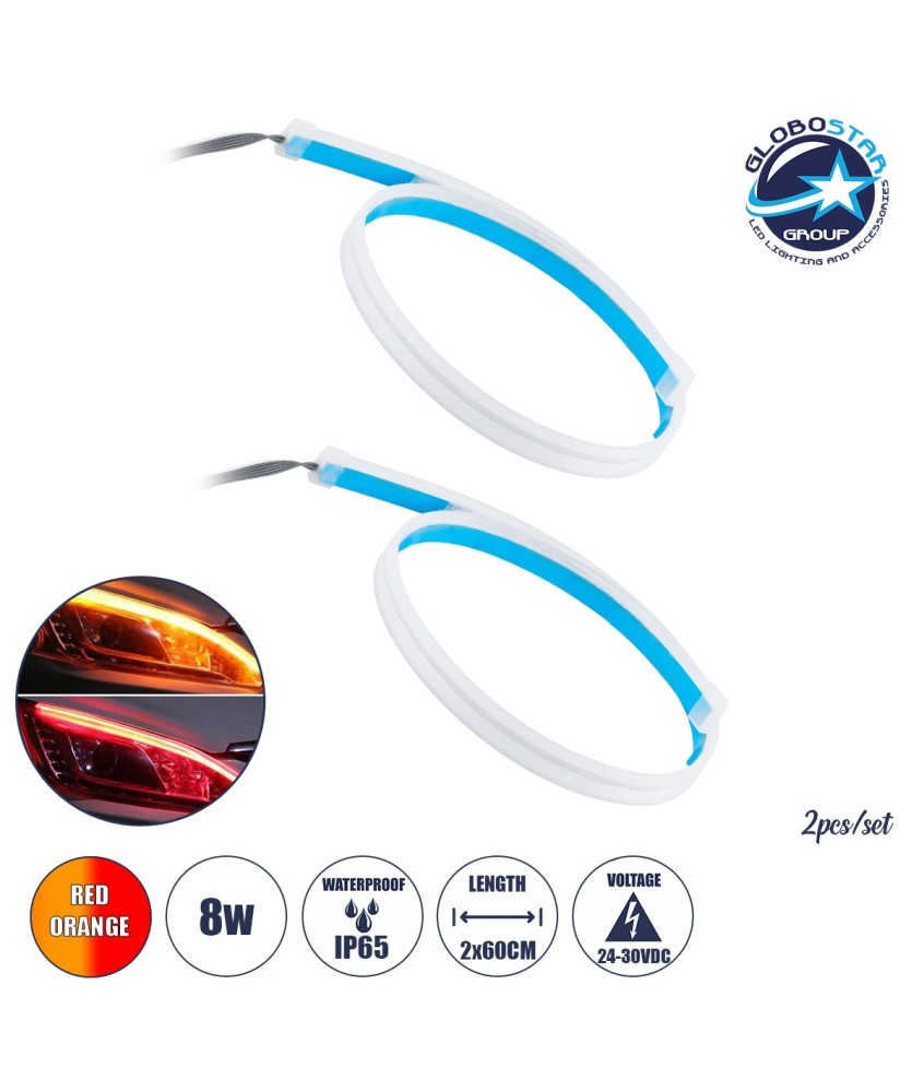 GLOBOSTAR® DRL 81731 Φώτα Ημέρας DRL & Φλας LED 12W-24W 1050lm-2100lm 200° DC 24-30V Αδιάβροχο IP65 Κόκκινο & Πορτοκαλί - Μ60 x Π1.5 x Υ0.5cm - Πακέτο 2 Τεμαχίων - 1 Χρόνο Εγγύηση